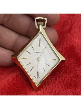Saxony Pocket Watch Necklace Pendant Rare Mechanical Vintage Diamond Gold Tone
